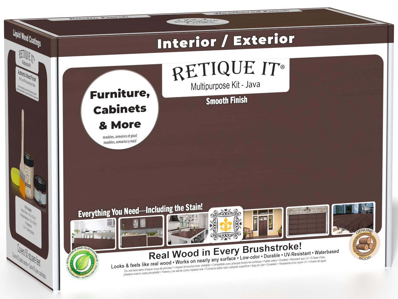 Retique It Multi-purpose Smooth Finish Kit in Java for exterior wood, featuring a matte top coat and wood finishing components.