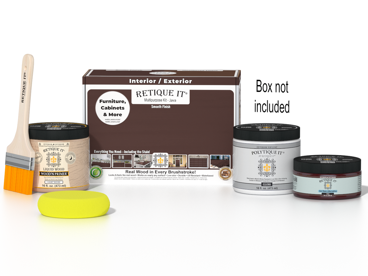 Retique It Multi-purpose Smooth Finish Kit in Java for exterior wood projects, includes top coat and application tools.