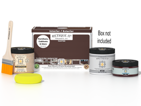 Retique It Java Multi-purpose Smooth Finish Kit for exterior wood, includes top coat, shown with application tools and packaging.