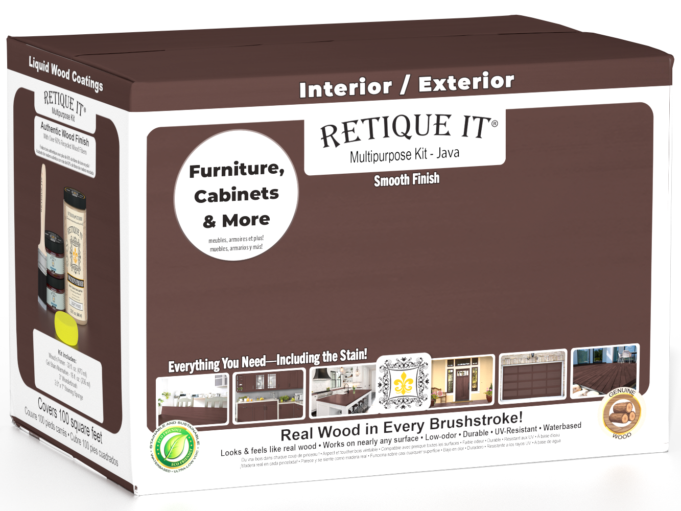 Large Java Multi-purpose Smooth Finish Kit by Retique It® for wood exterior top coat with a matte finish in a box.