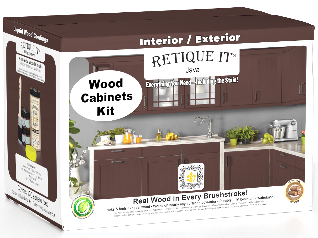 Retique It® Wood'n Cabinet Kit in Java stain with 12 smooth cabinet doors, showcasing a natural wood finish and sleek design.