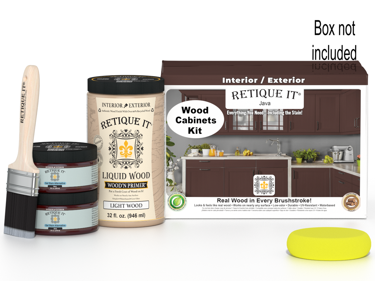 Retique It® Wood'n Cabinet Kit with 12 smooth Java stain cabinet doors, showcasing natural wood finish and sleek design.