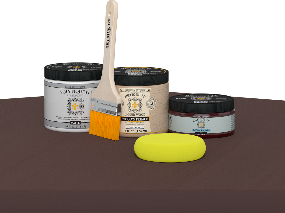Retique It® Java Multi-purpose Smooth Finish Kit for exterior wood, featuring a matte top coat in a natural wood tone.