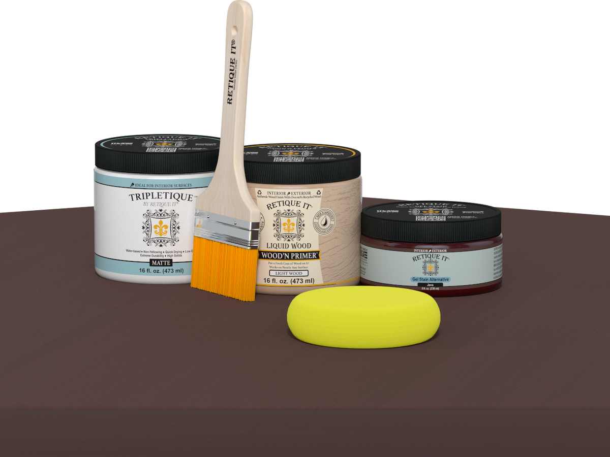 Retique It® Java Multi-purpose Smooth Finish Kit (Med) for interior wood projects, featuring matte top coat in a versatile wood finish.