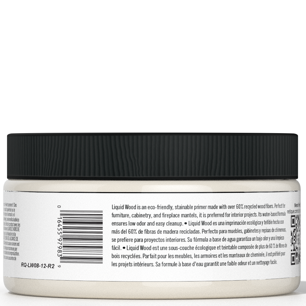 Retique It® Liquid Wood 8oz bleached interior paint jar showing the clear label and sealed lid on a plain background.