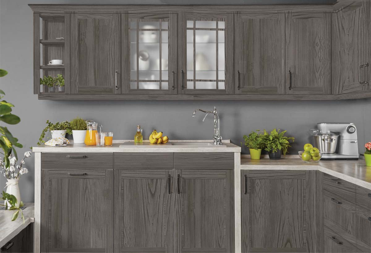 Retique It Wood'n Cabinet Kit with 12 grained Harbor Gray stain applied to kitchen cabinet doors, showcasing a textured wood finish.