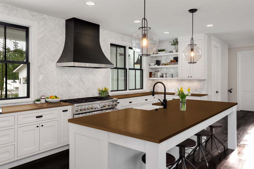 Retique It Multi-purpose Smooth Finish Kit for Cherry wood interiors, showing a kitchen countertop with a polished top coat.
