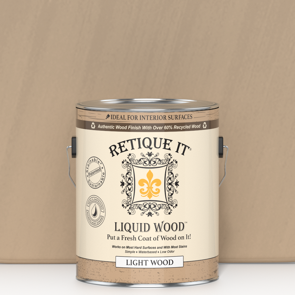 Retique It® Liquid Wood interior paint in 128oz light shade, showcasing a smooth application on wood surface.