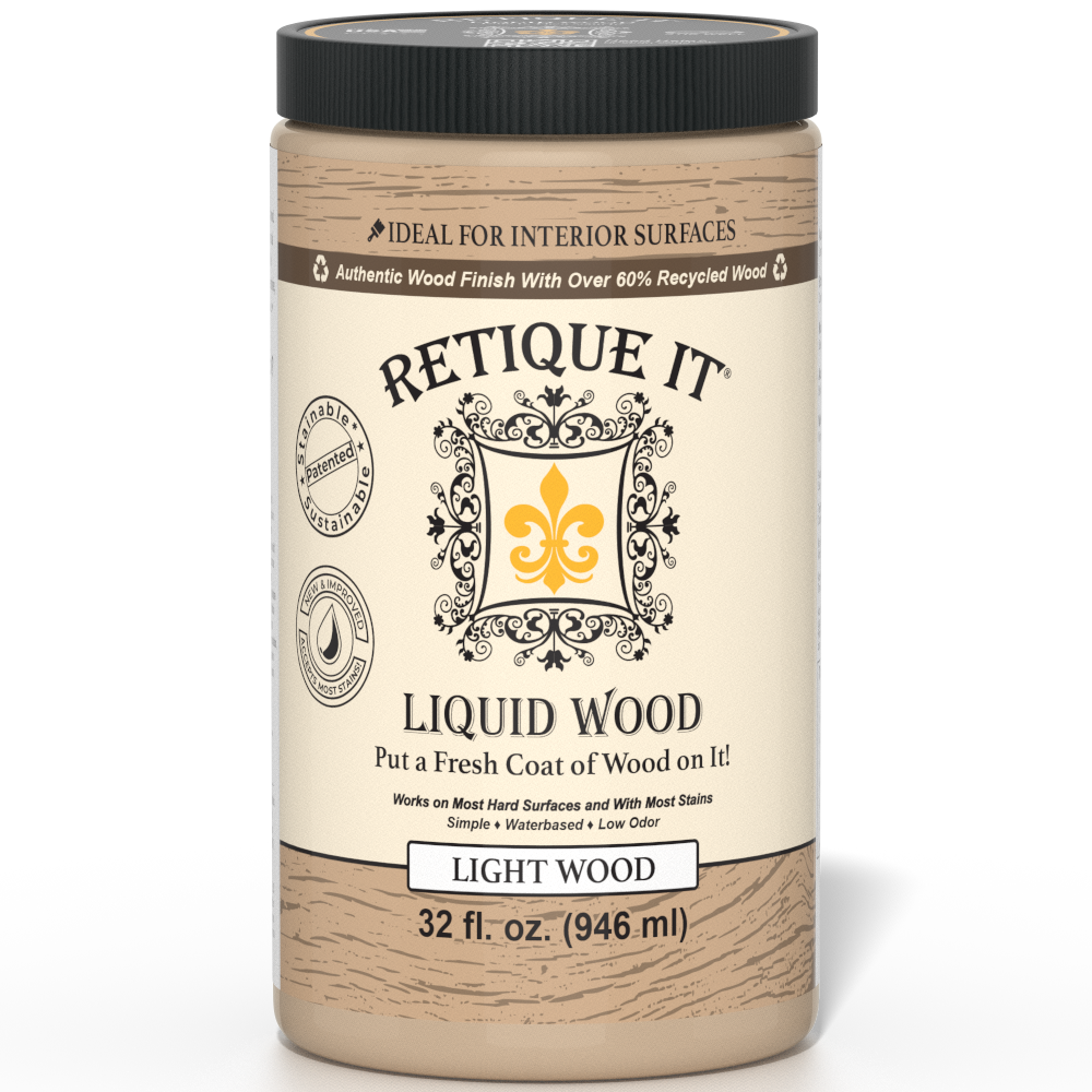 Retique It® Liquid Wood interior paint in 32oz Light finish, showing a smooth application on a wooden surface.
