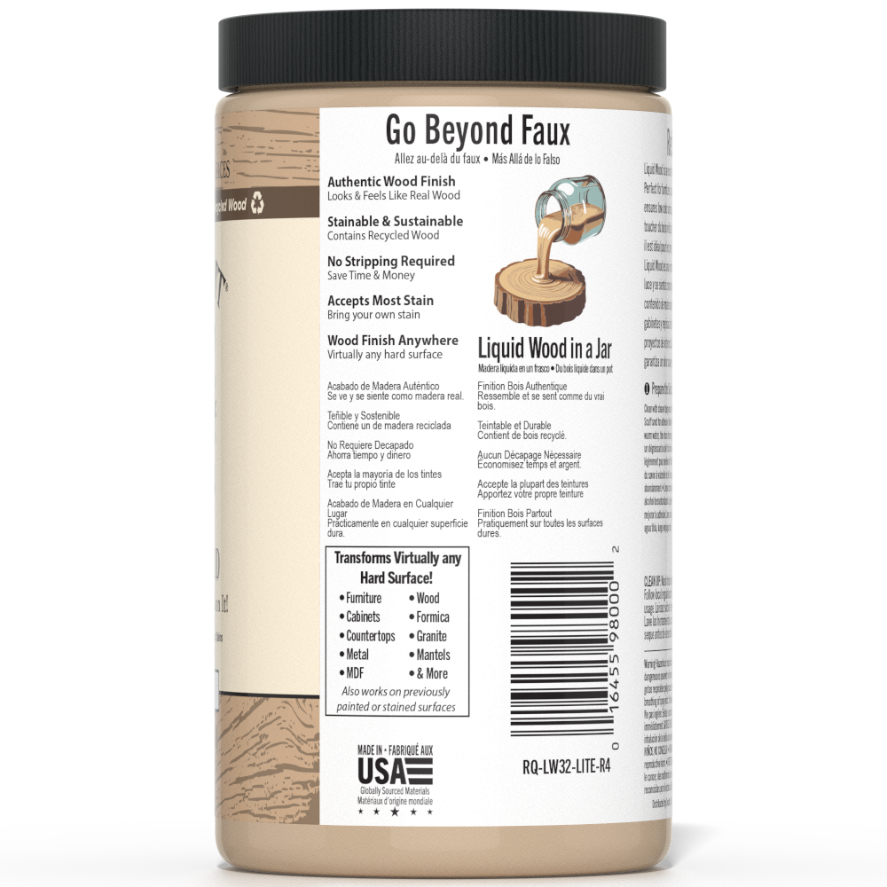 Retique It® Liquid Wood 32oz Light interior paint in a clear container, ready for wood finishing and interior decorating.