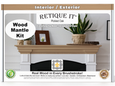Retique It wood mantle kit packaging with a fireplace and decorative items.