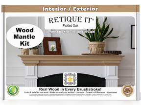 Retique It wood mantle kit packaging with a fireplace and decorative items.
