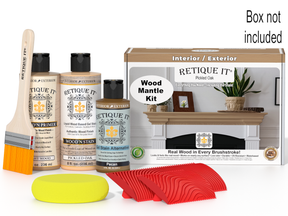 Wood stain kit with bottles, brush, and packaging on a white background