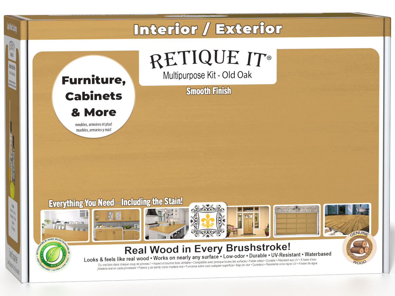 Retique It® Multi-purpose Smooth Finish Kit in Old Oak for exterior wood top coat, featuring matte finish and wood finish components.