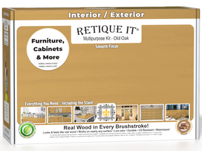 Retique It® Multi-purpose Smooth Finish Kit in Old Oak for interior wood top coat, includes application tools and finish components.