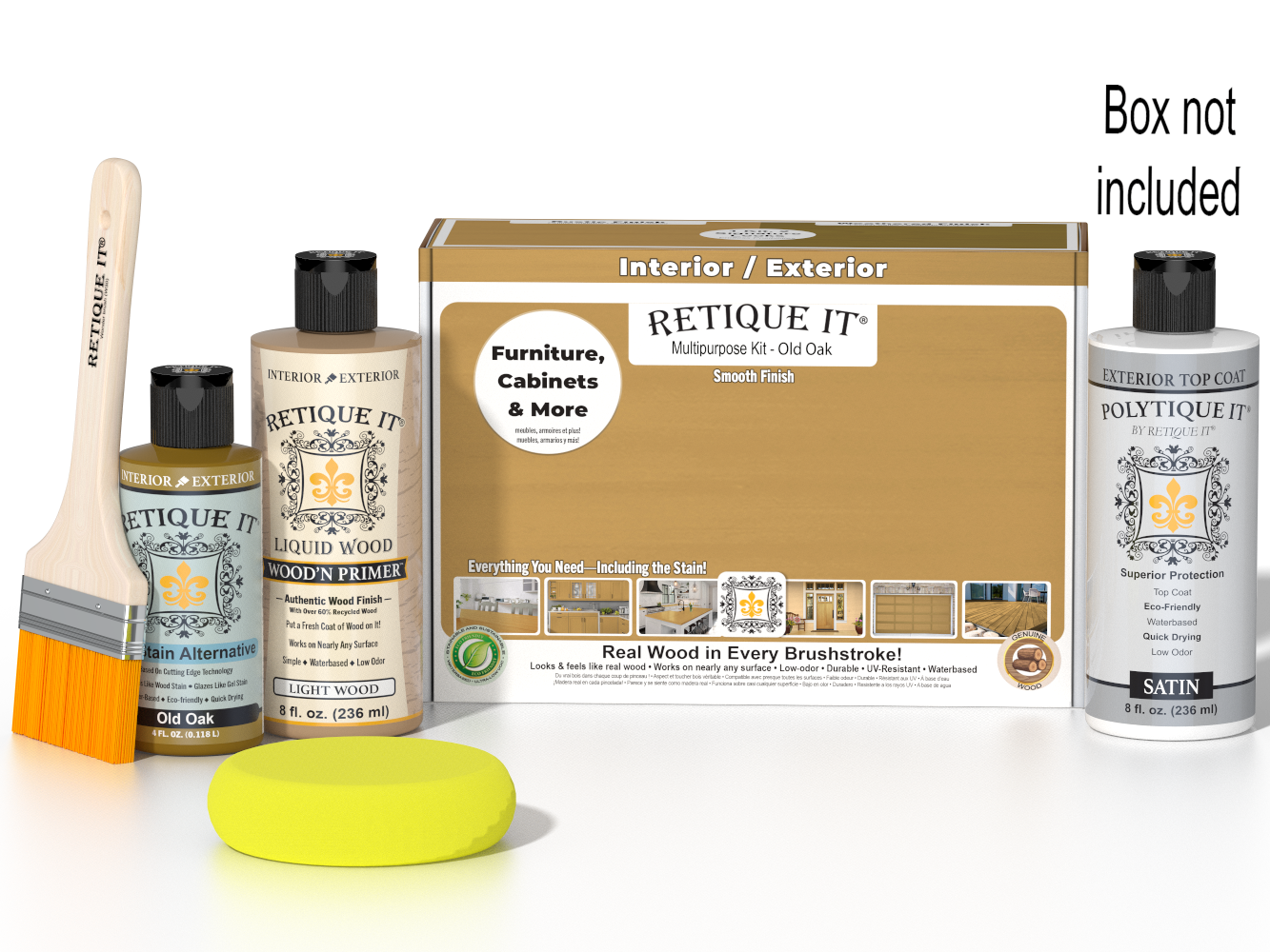 Retique It® Multi-purpose Smooth Finish Kit in Old Oak for exterior wood top coat, satin finish with brushes and tools included.