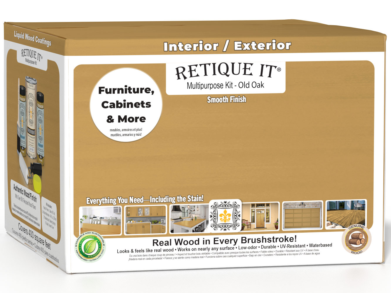 Retique It® Multi-purpose Smooth Finish Kit in Old Oak for interior wood surfaces, includes 4 large top coat containers.