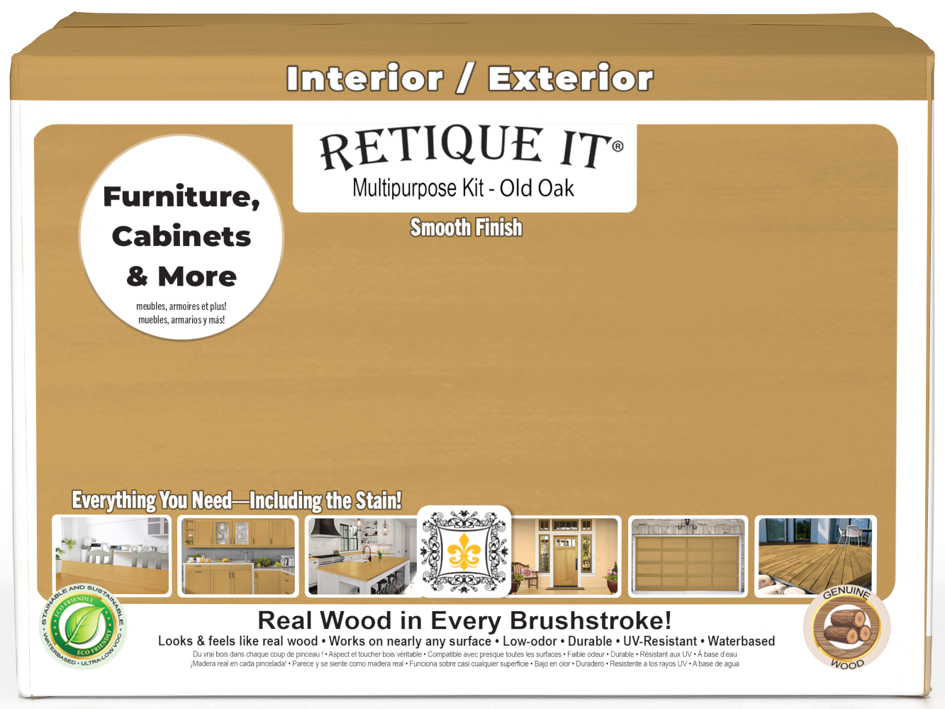 Retique It Multi-purpose Smooth Finish Kit for Old Oak exterior wood top coat, includes four large wood finish bottles.
