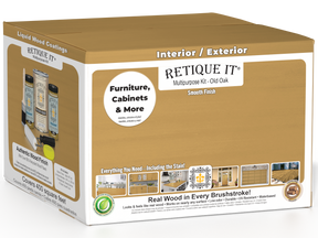 Retique It® Multi-purpose Smooth Finish Kit in Old Oak for interior wood projects, featuring four large top coat bottles.