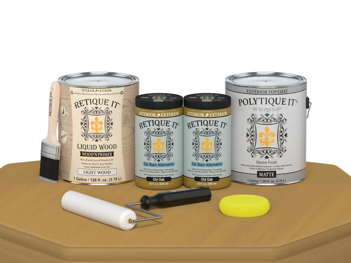 Retique It® Multi-purpose Smooth Finish Kit in Old Oak for exterior wood, includes four large top coat bottles with matte finish.