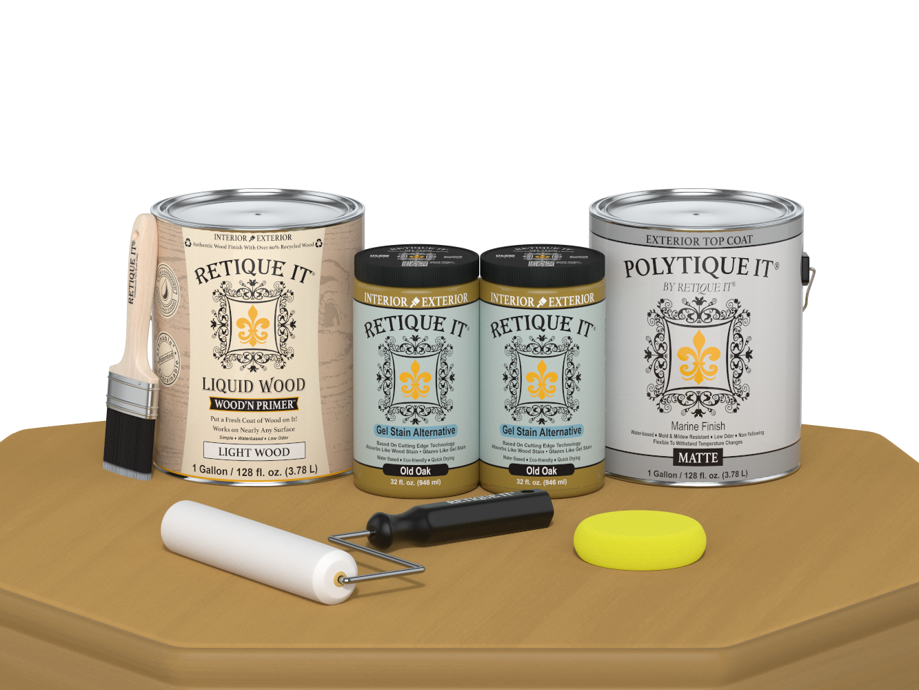 Retique It Multi-purpose Smooth Finish Kit in Old Oak for exterior wood, includes four large top coat bottles with matte finish.