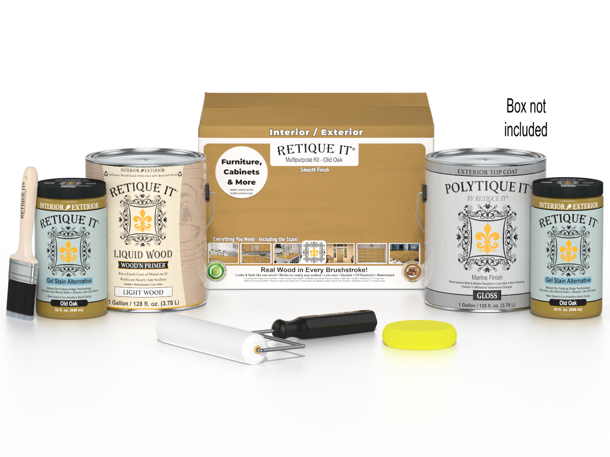Retique It Multi-purpose Smooth Finish Kit in Old Oak for exterior wood surfaces, includes four large top coat containers.