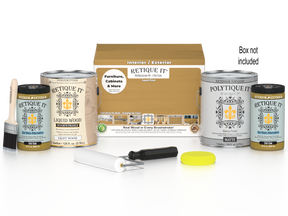 Retique It Multi-purpose Smooth Finish Kit in Old Oak for exterior wood top coating, includes four large containers with wood finish.