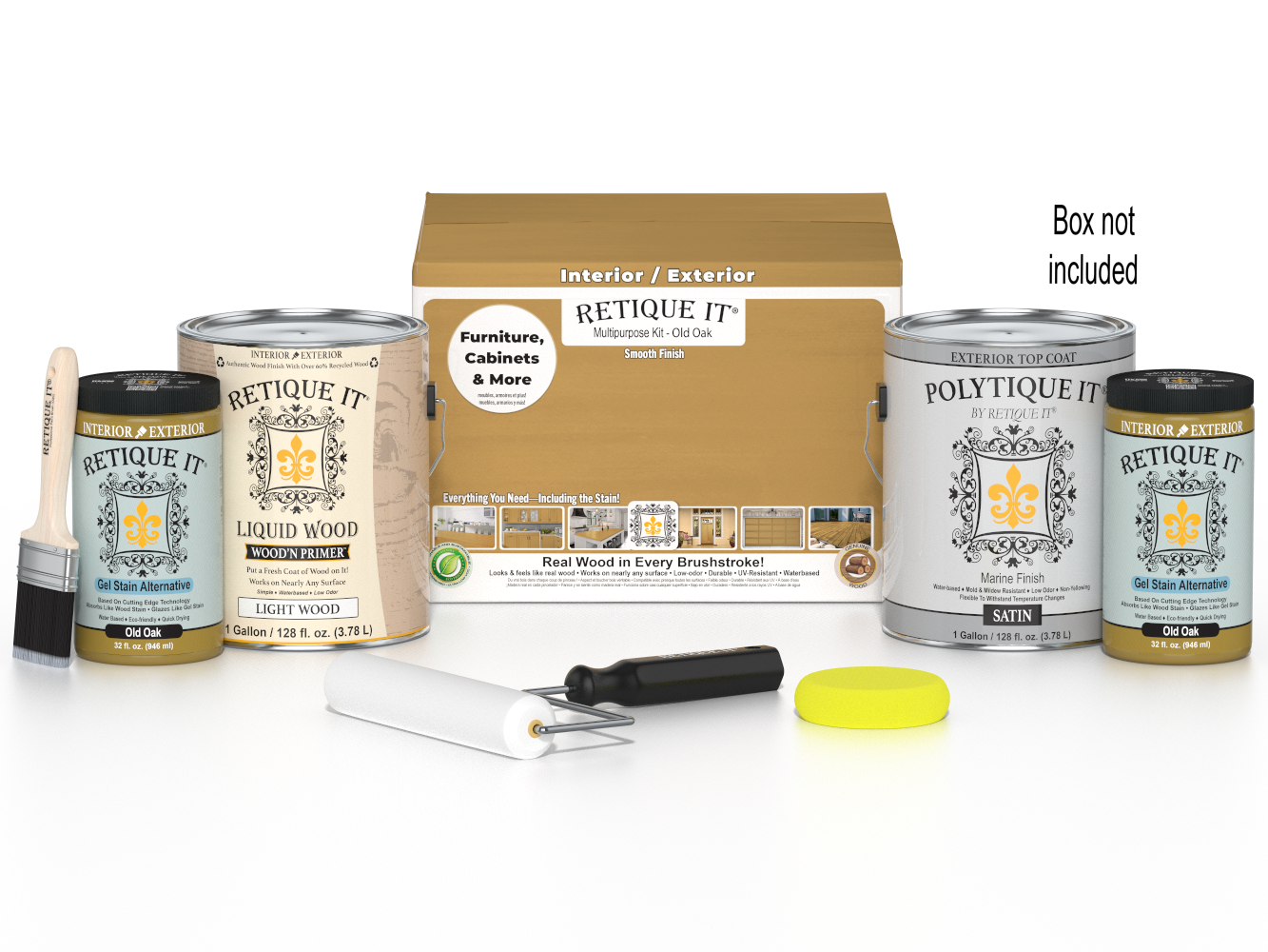 Retique It Multi-purpose Smooth Finish Kit for exterior wood in Old Oak, includes four large top coat bottles with application tools.