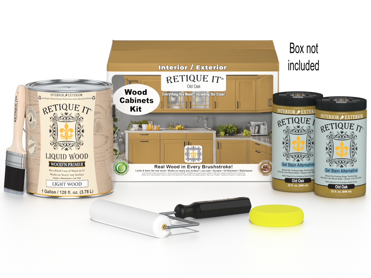 Retique It® Wood'n Cabinet Kit with 48 Old Oak stained doors and smooth finish, ideal for kitchen or bathroom cabinetry.