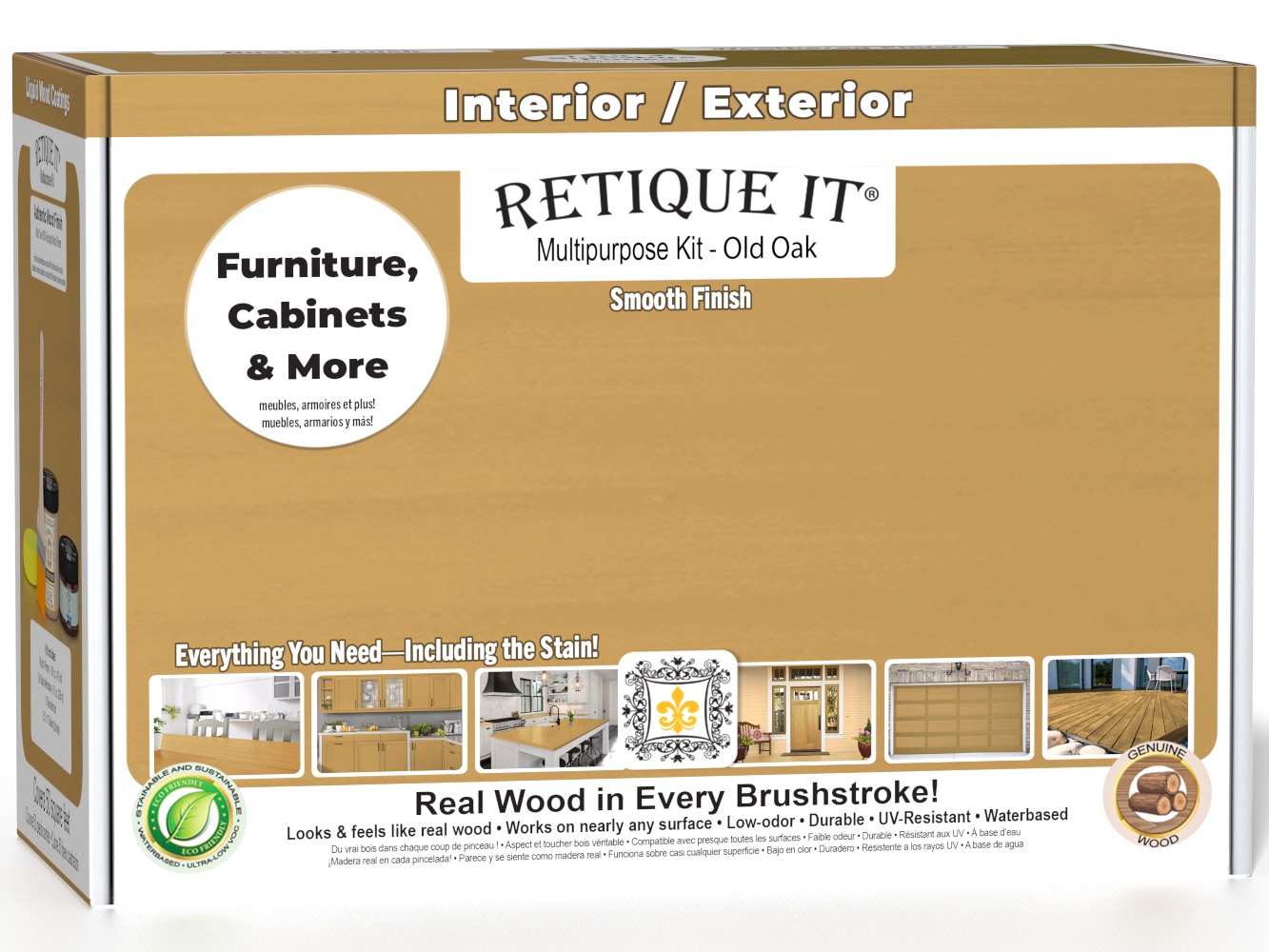 Retique It Multi-purpose Smooth Finish Kit (Med) in Old Oak for wood exterior top coat, includes application tools and wood stain.