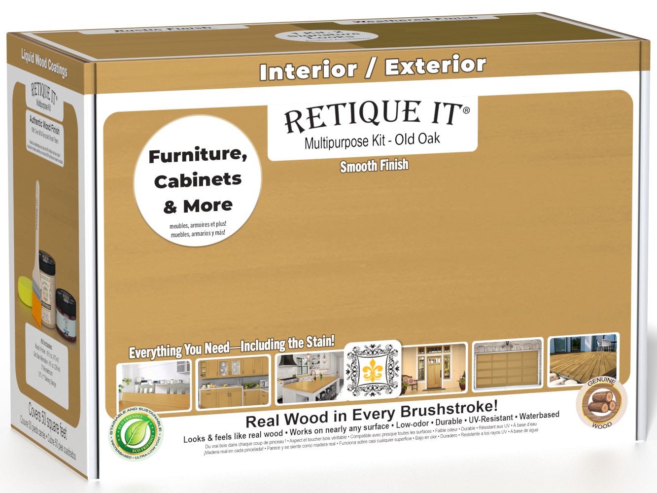 Retique It Multi-purpose Smooth Finish Kit in Old Oak for exterior wood top coating, includes tools and finish components in a box.