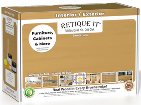Retique It Multi-purpose Smooth Finish Kit in Old Oak for exterior wood top coating, includes tools and finish components in a box.