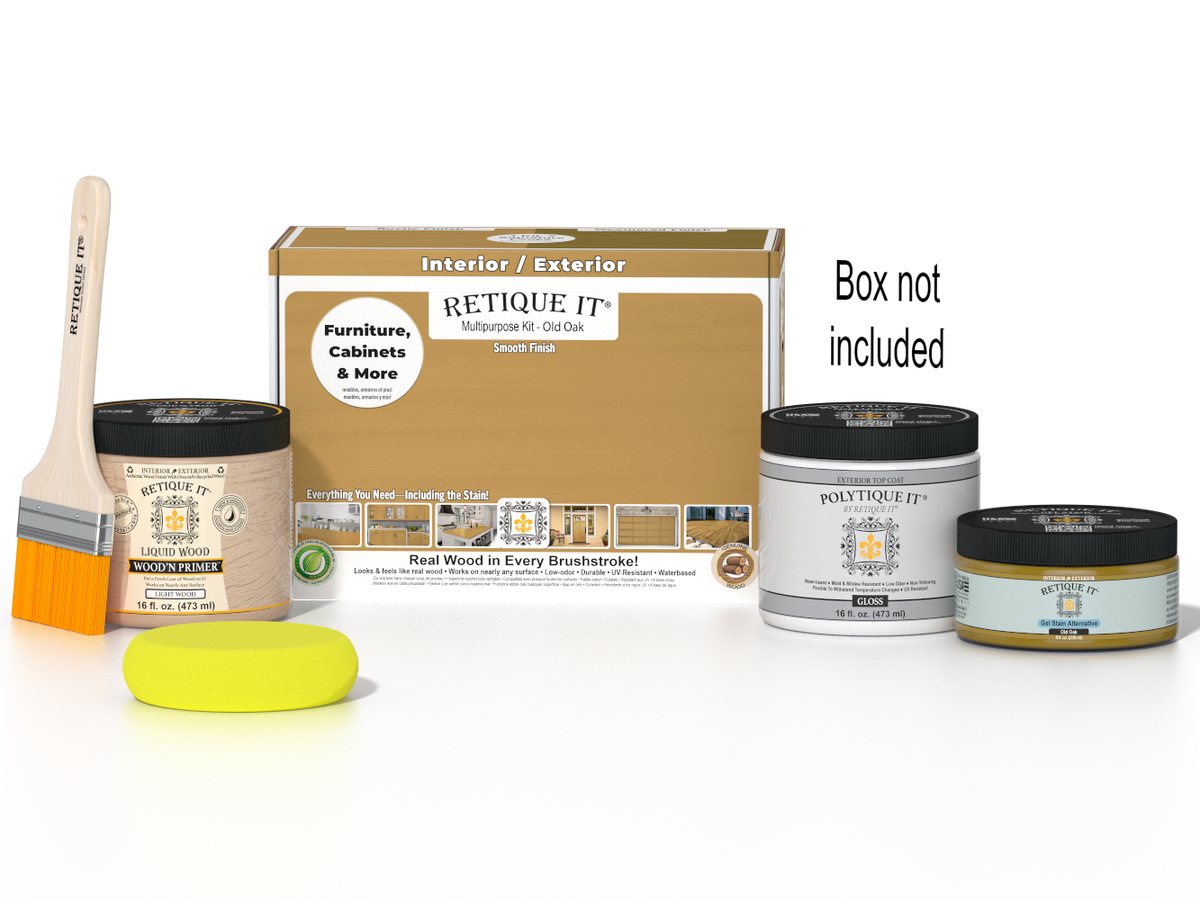 Retique It Multi-purpose Smooth Finish Kit in Old Oak for exterior wood projects, includes top coat and application tools.