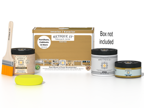 Retique It Multi-purpose Smooth Finish Kit in Old Oak for exterior wood projects, includes top coat and application tools.