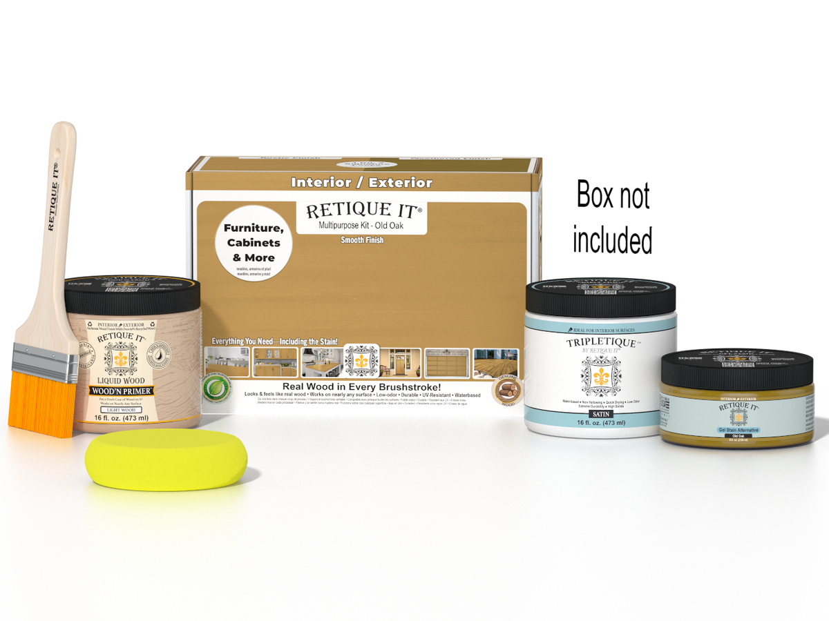 Retique It Multi-purpose Smooth Finish Kit in Old Oak for interior wood surfaces, includes top coat and application tools.