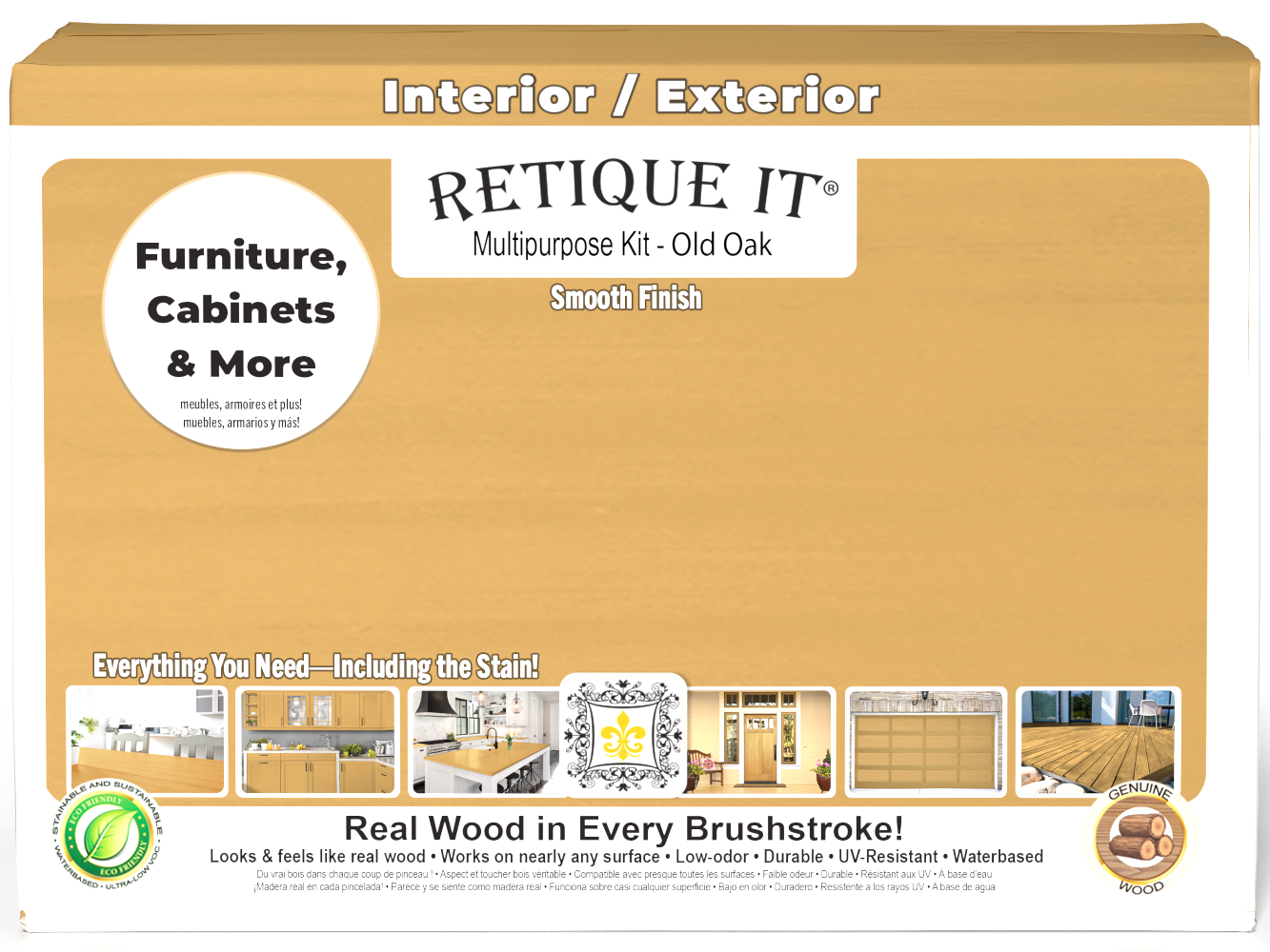 Retique It® Multi-purpose Smooth Finish Kit (Large) in Old Oak for exterior wood with a matte top coat, box front view.