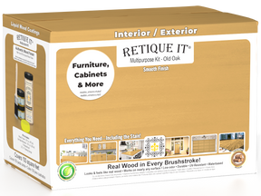 Retique It® Multi-purpose Smooth Finish Kit (Large) in Old Oak for interior wood top coat, includes brushes and finishing tools.