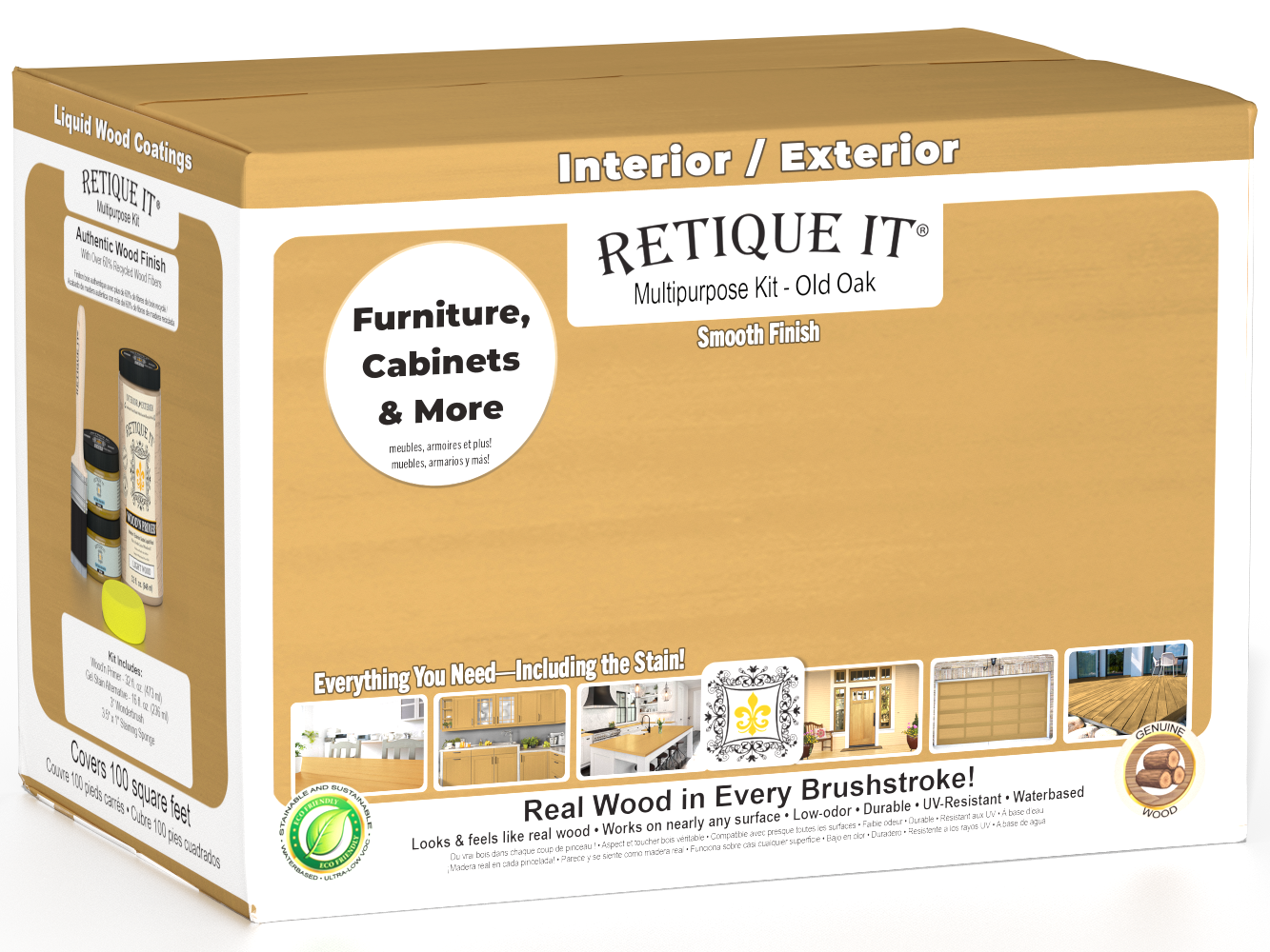 Retique It® large Multi-purpose Smooth Finish Kit in Old Oak wood finish with brushes and tools for woodworking projects.