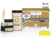Retique It® Wood'n Cabinet Kit with 12 smooth Old Oak stained cabinet doors, shown with packaging and tools.