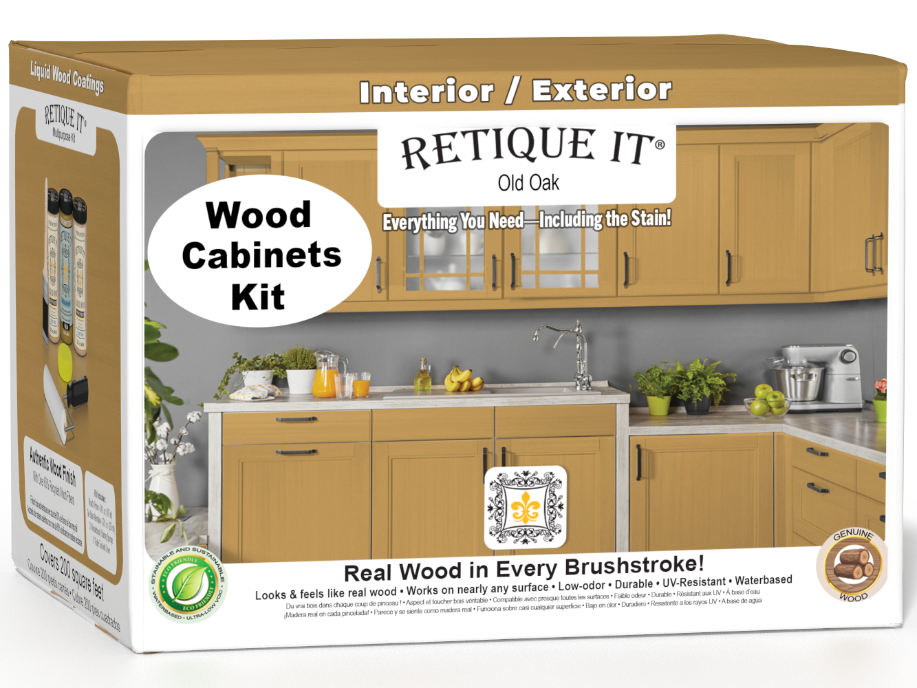 Retique It® Wood'n Cabinet Kit with 24 smooth Old Oak stained cabinet doors, shown in a 3D box view.