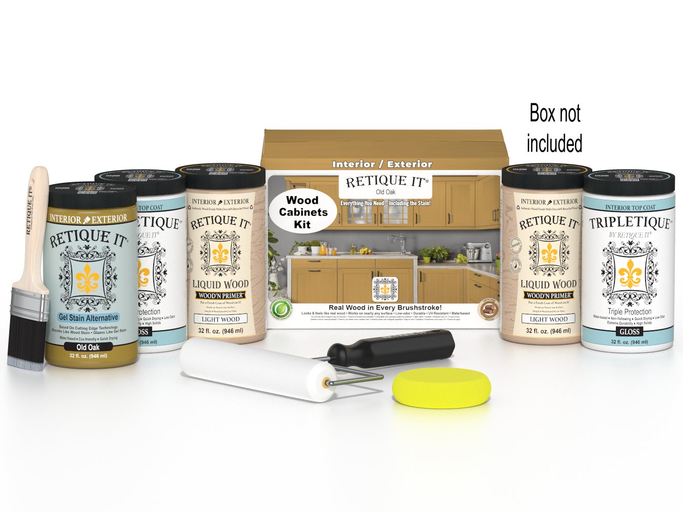 Retique It Wood'n Cabinet Kit with 24 smooth doors in Old Oak stain, perfect for updating kitchen or storage cabinets.