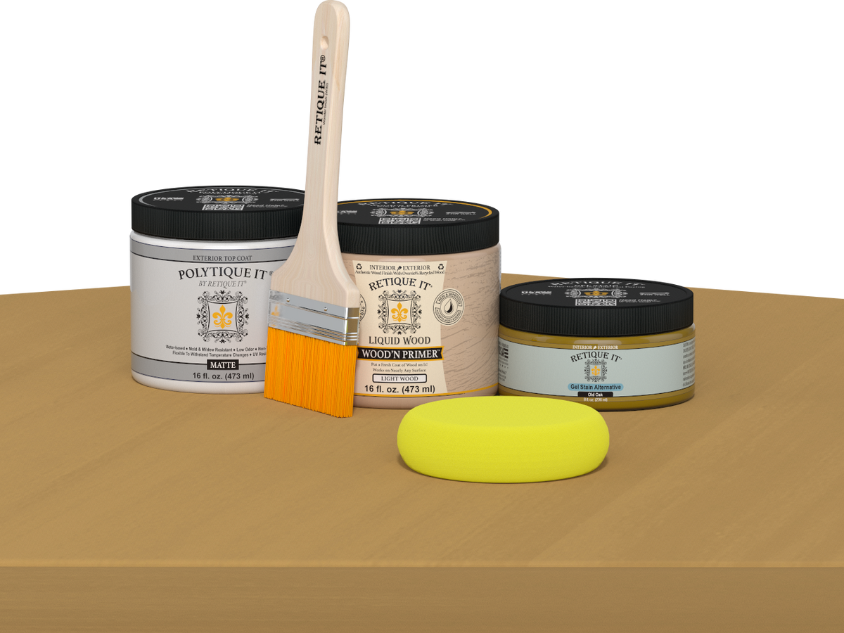 Retique It® Multi-purpose Smooth Finish Kit in Old Oak for exterior wood projects, featuring a matte top coat for a sleek finish.