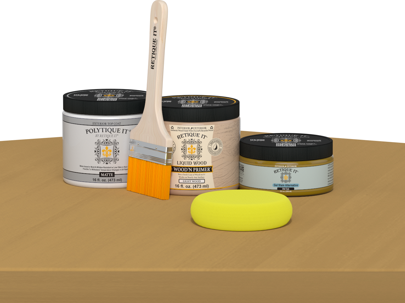 Retique It Multi-purpose Smooth Finish Kit in Old Oak for exterior wood projects, featuring a matte top coat for a sleek finish.