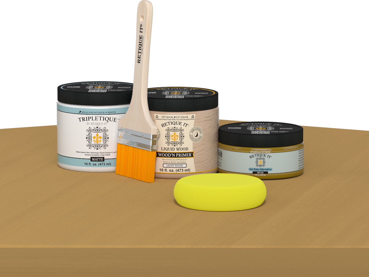 Retique It® Multi-purpose Smooth Finish Kit in Old Oak for interior wood projects, with matte top coat and application tools.
