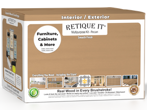 Retique It® wood finish kit with four large pecan-colored wood stain bottles in a smooth finish kit box.