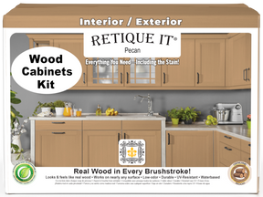 Retique It® Wood'n Cabinet Kit in Pecan with 48 smooth cabinet doors, showcasing a natural wood stain finish.