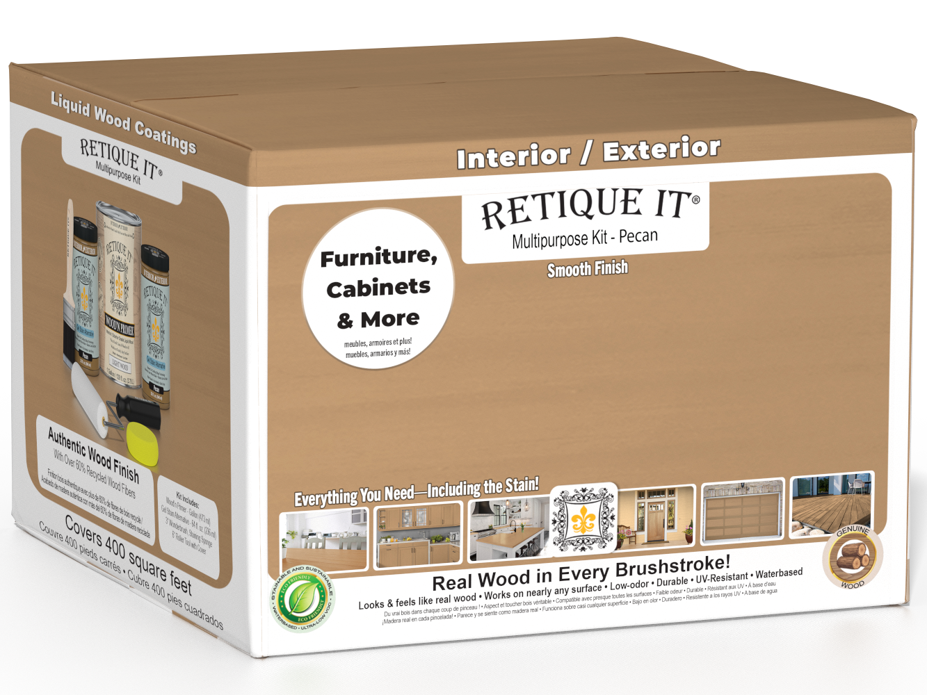 Retique It® multi-purpose wood finish kit in Pecan color with four large containers, designed for smooth wood finishing projects.