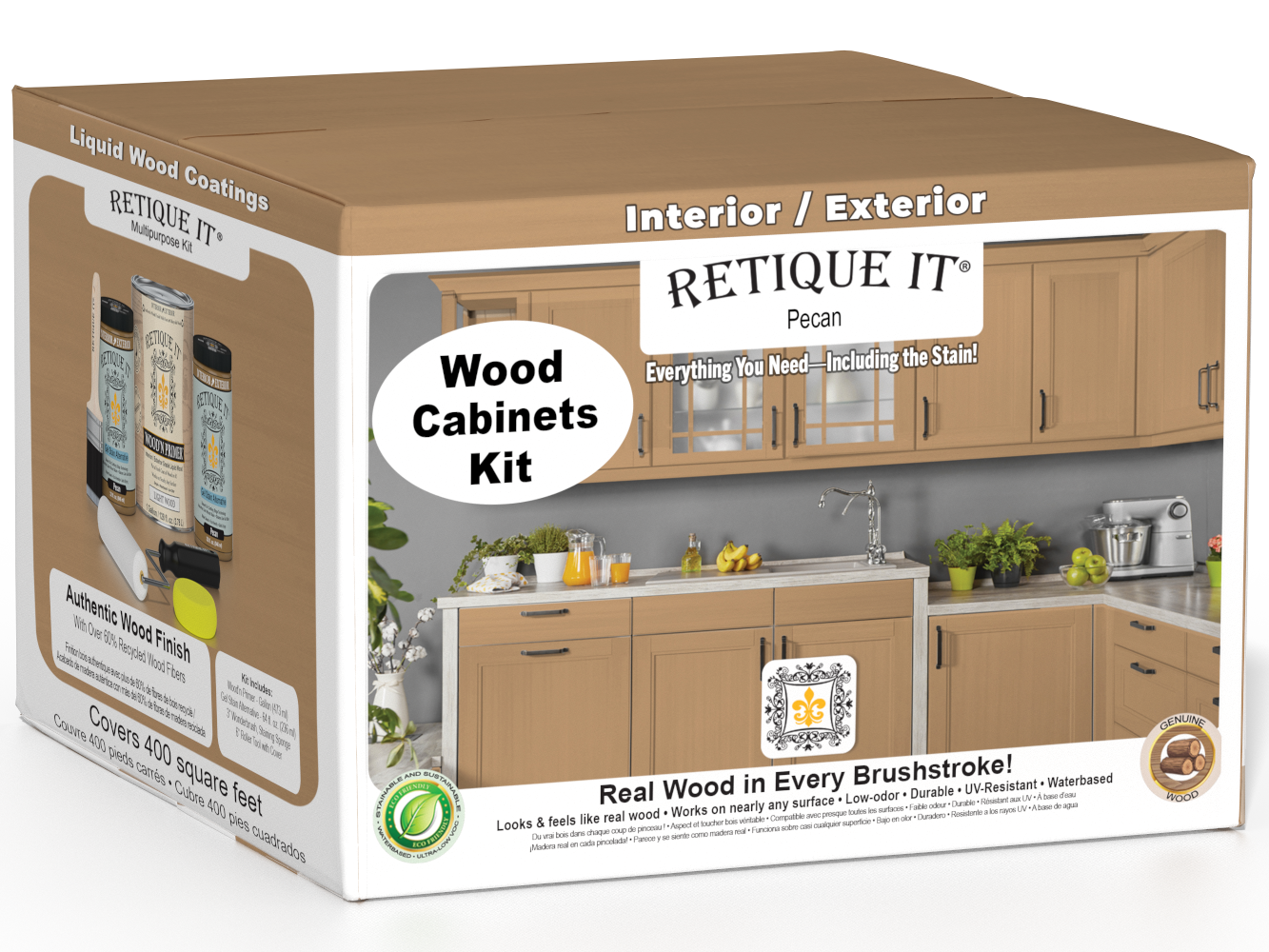 Retique It® Wood'n Cabinet Kit with 48 smooth pecan stained cabinet doors, showcasing natural wood grain and finish.