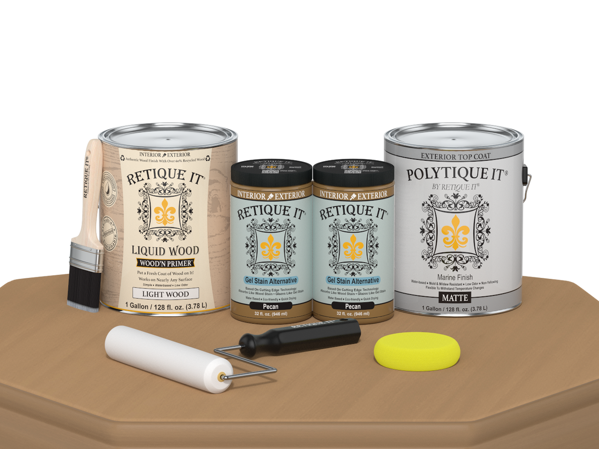 Retique It® Multi-purpose Smooth Finish Kit in Pecan for exterior wood projects, includes four large top coat containers.