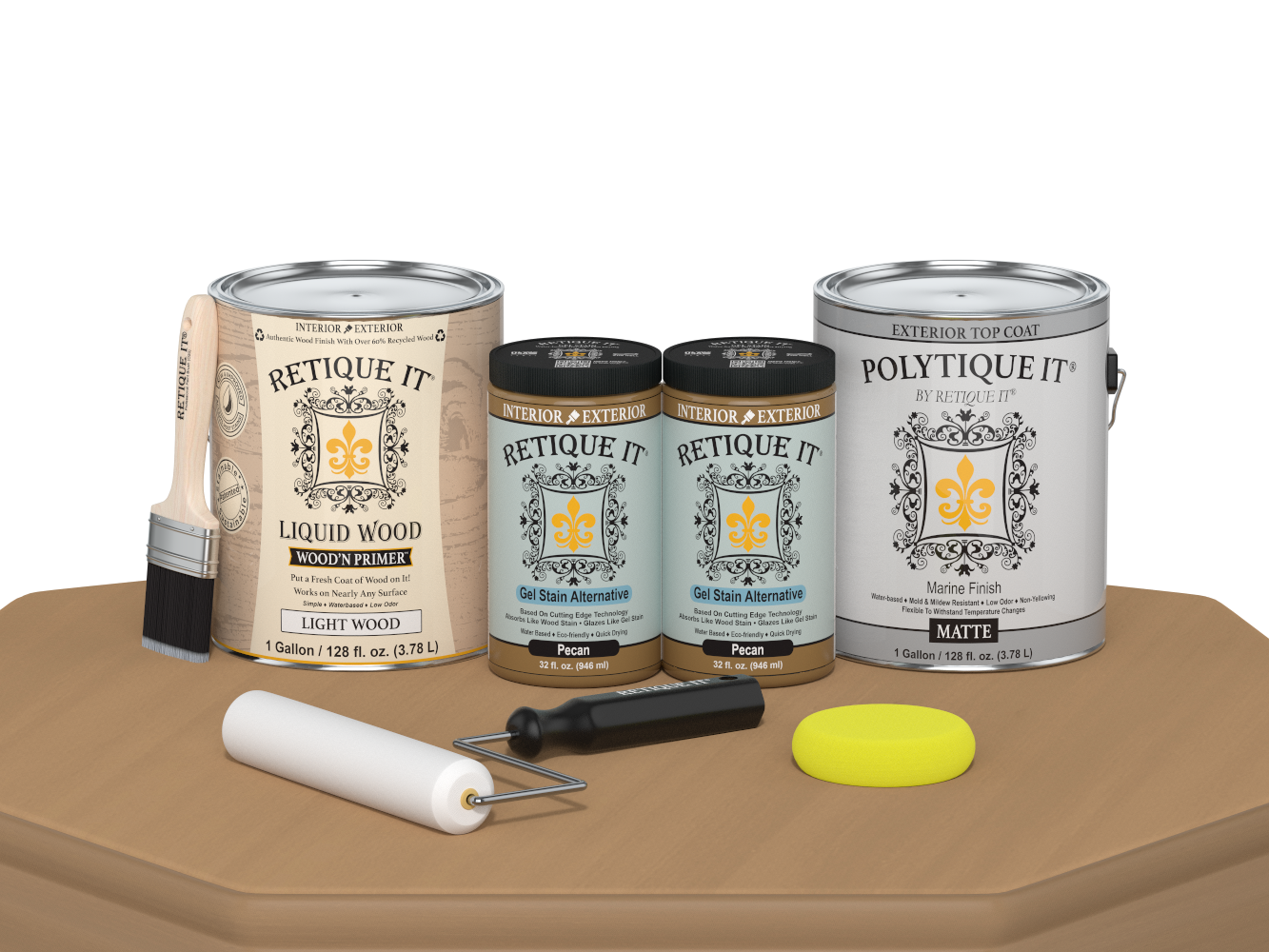 Retique It Multi-purpose Smooth Finish Kit in Pecan for exterior wood projects, includes four large top coat containers.